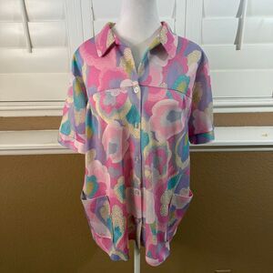 Vintage 70s Psychedelic Floral Housecoat Smock Top Sz XL Oversized Dopamine Chic